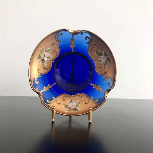 Vintage Bohemia Blue Glass Ashtray: Rococo Gold Floral Decor
