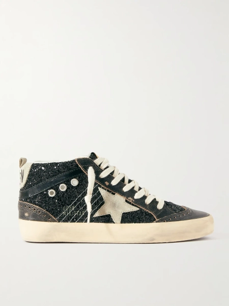 Mid Star suede and leather-trimmed distressed glittered faux leather sneakers - black - IT35