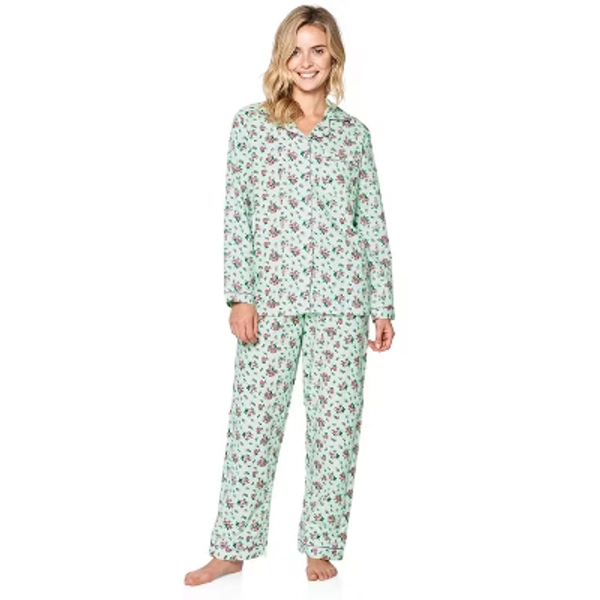 Casual Nights Women's Flannel Long Sleeve Button Down Pajama Set - Green Floral - X-Large