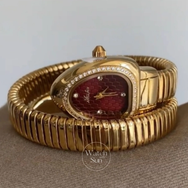 Snake Head Watch Burgundy Red/Green Dial Gold Ladies Watch - WatchwithSun-Dainty & Chic Watches for Women