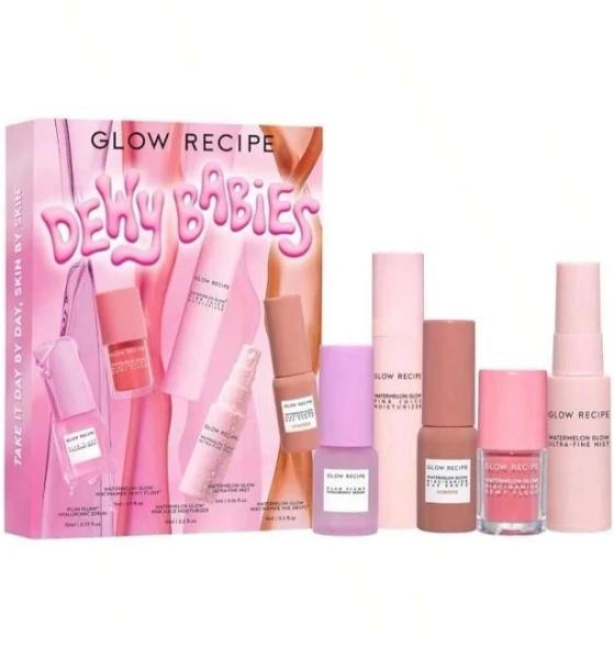 Glow Recipe Dewy Babies Travel Skincare Set - Plum Plump Hyaluronic Acid Serum + Dewy Flush Tinted Blush Drops + Pink Juice Face Moisturizer +