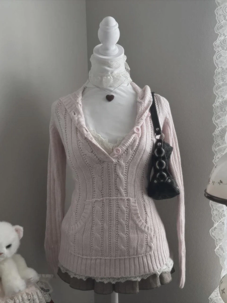 Y2K Hooded Cable-Knit V-Neck Sweater – Slim-Fit Knitted Sweatshirt
