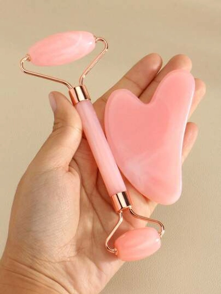 2pcs Set Of Pink Facial Gua Sha Massager Tool, Body Massage Roller For Meridians Scraping, Facial Beauty Lifting Massager(The Product Material Is ABS Resin Plastic, Not Jade)