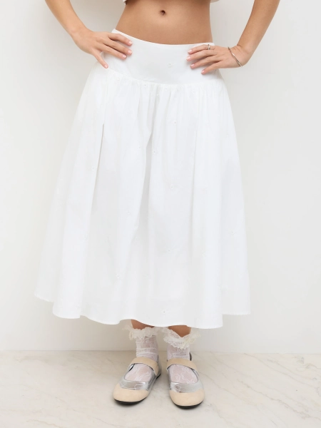 Cotton Mid Rise Floral Embroidery Midi Skirt