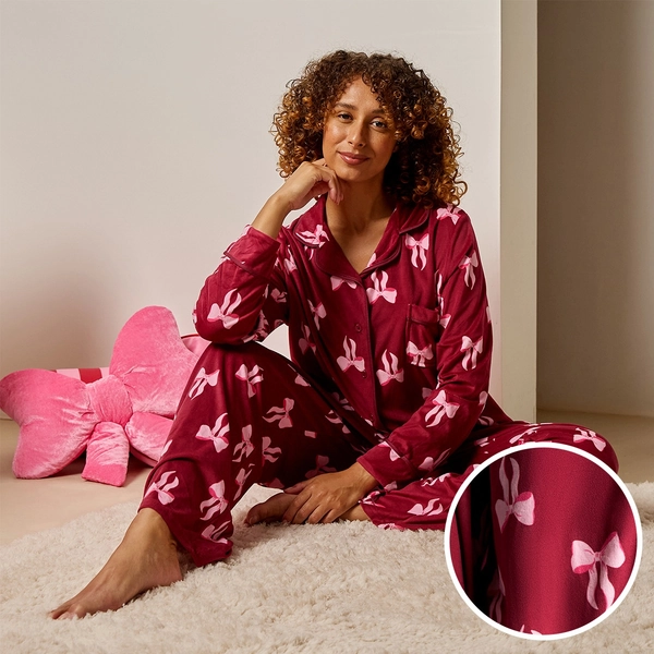 OHS Pink Bow Button Through Pyjama Set - Burgundy