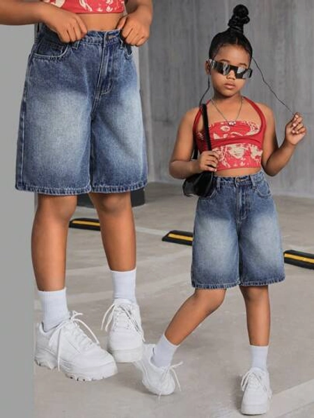 SHEIN Tween Girls Y2K 2000s Retro Washed Casual Baggy Casual Denim Wide Leg Knee Length Jeans Short,Girls Fall Clothes Back To School Streetwear Outfits