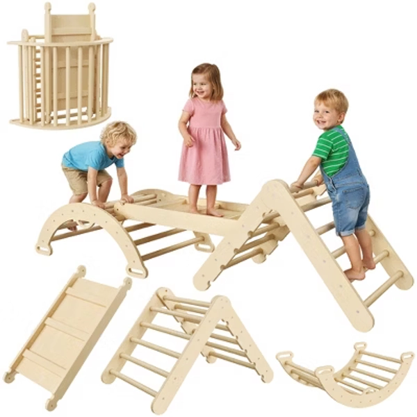 7-in-1 Foldable Montessori Climbing Set - Wooden Pikler Triangle with Arch, Ramp & Ladder for Toddlers, Indoor Jungle Gym, Christmas Gift for Kids