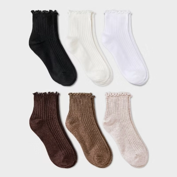 Women's Lettuce Edge 6pk Ankle Socks - A New Day™ Ivory/Tan/Black 4-10: Ruffle Trim, Tagless, Flat Seams, Lightweight Knit