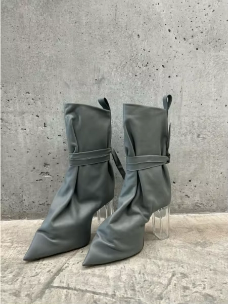 Fall/Winter New Women's Black/Grey Transparent Heel Ankle Boots - Runway Streetwear High-Heeled Pointed-Toe Lace-Up Calf Boots - AliExpress 322