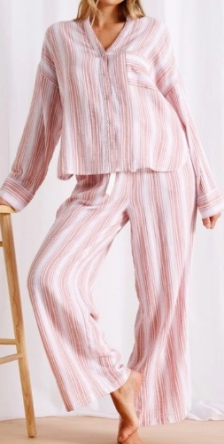 Chloe & Lola Divine Cheesecloth Mandarin Collar Long Sleeve PJ Set in Terracotta Stripe Print | MYER