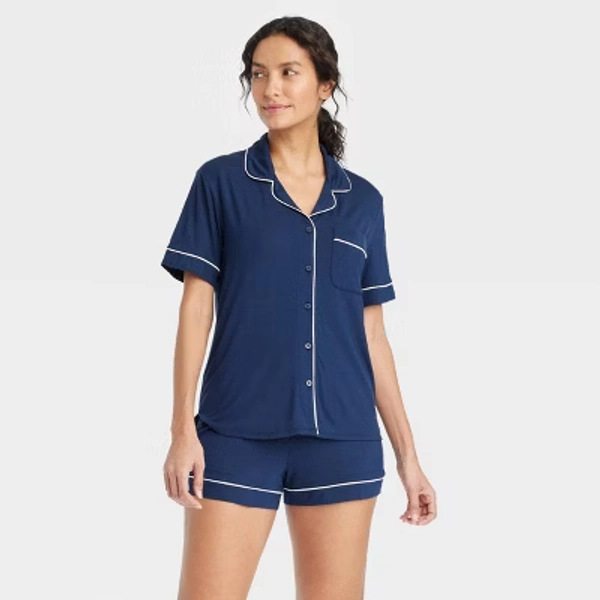 Women's Cloud Knit Modal Short Sleeve Notch Collar Top and Shorts Pajama Set - Auden™ Navy Blue S: Modal-Spandex Blend, Elastic Waistband