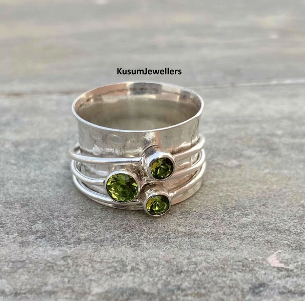 Peridot Gemstone Spinner Ring: Sterling Silver Wide Band, Boho Style