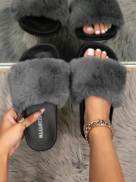 Women Fluffy Slippers For Indoor Outdoor Home Daily Casual Wear, Grey