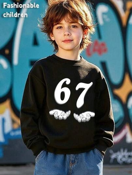 Digital Meme 67 Gesture Pattern Print, Boys' Autumn And Winter Crewneck Sweatshirt, Casual Outdoor Sports Style, Comfortable, Soft, Breathable And Skin-Friendly, Fashionable And Versatile, A Crewneck Sweatshirt That Children Can Wear Alone