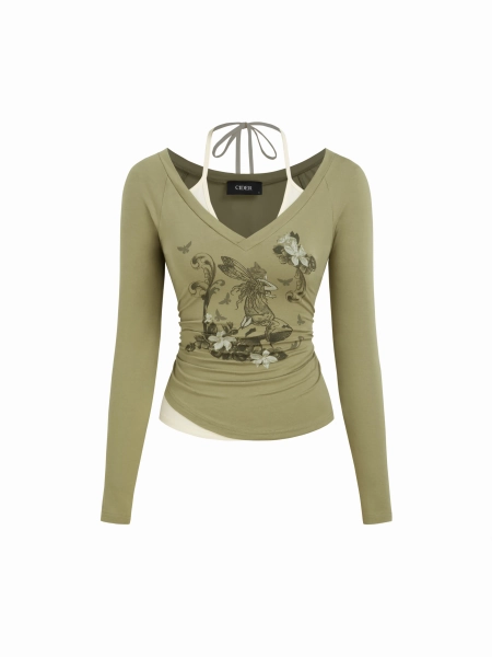 V-neck Graphic Long Sleeve Tee