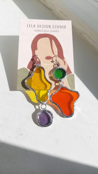 Stained Glass Blob Earrings: Asymmetrical Colorful Dangles