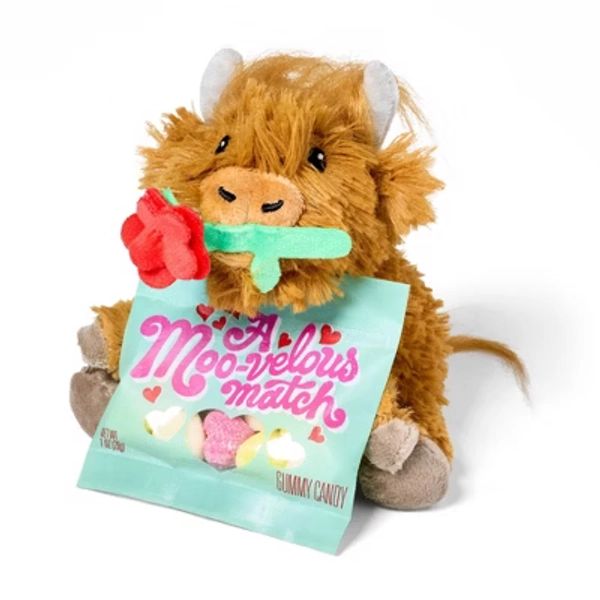 Valentine's Highland Cow Plush with Pink, Red, Yellow Hearts Candy - 1oz - Favorite Day™