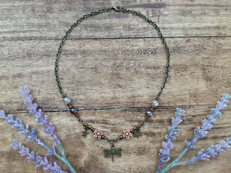 Whimsigoth Dragonfly Auburn Beaded necklace in Bronze | Fairycore | Whimsicle | naturalist |