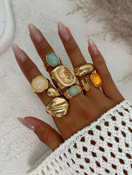 7pcs/Set Inlaid Acrylic Rings, Asymmetrical Hammered Texture Open Rings Set, Suitable For Party, Gift, Daily Wear