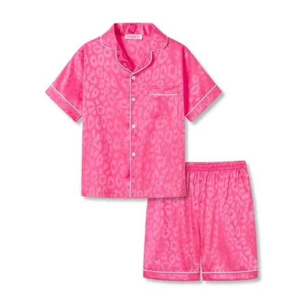 Topgal Satin Pajamas 2 PC Teen Girls Jacquard Neon Pink Nightwear Set