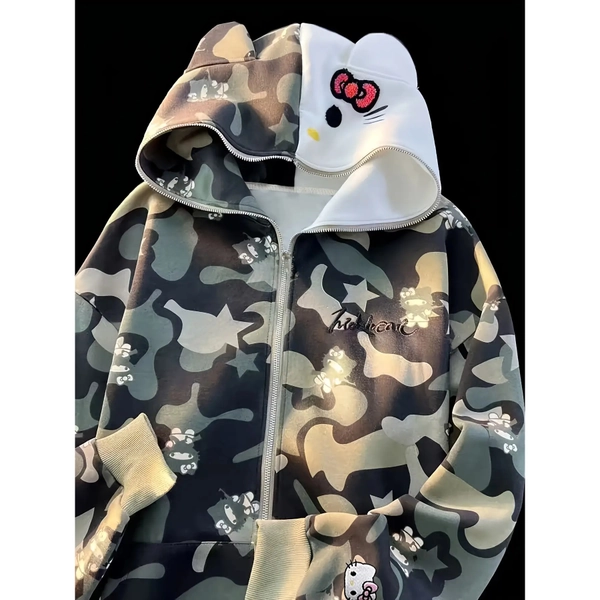 Sanrio Hello Kitty Women's Hooded Zipper Jacket with Ear Design & Hello Kitty Camouflage/ Letter Print - Cute Anime Cardigan Coat, Loose Fit for Autumn/Winter, Sanrio Licensed Outerwear