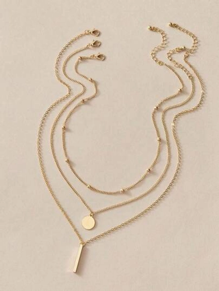 3pcs New Arrival Stylish Gold Layered Chain Disc Bar Pendant Necklace For Women Party Daily Jewelry