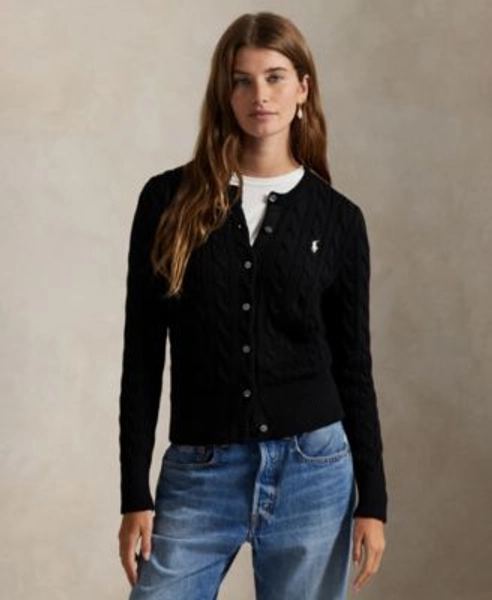 Women's Cable-Knit Cotton Crewneck Cardigan Sweater