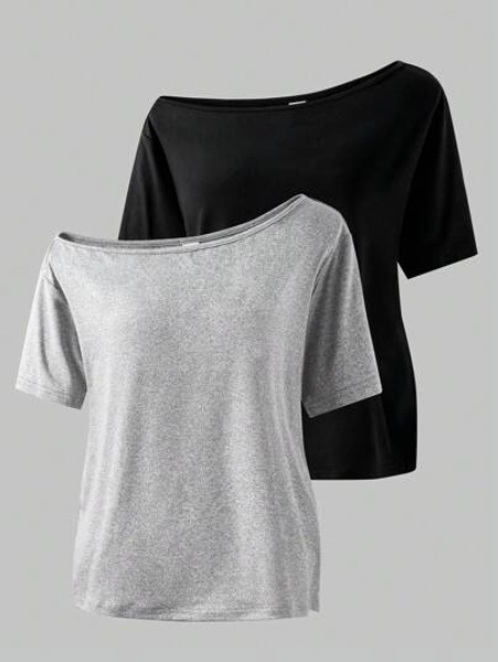 2pcs Tween Girls' Solid Color Asymmetrical Shoulder Short Sleeve T-Shirt, For Summer,Holiday,Summer,Travel