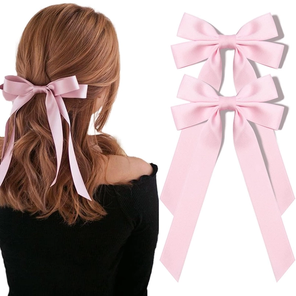 2PCS Pink Satin Hair Bows Clips for Women &amp; Girls - Hair Accessories for Ponytails and Alligator Clips