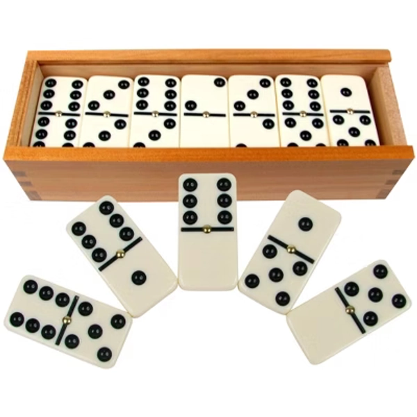 Toy Time Double Six Dominoes Set With Wooden Storage Case - 28 Pieces, Cream/Black