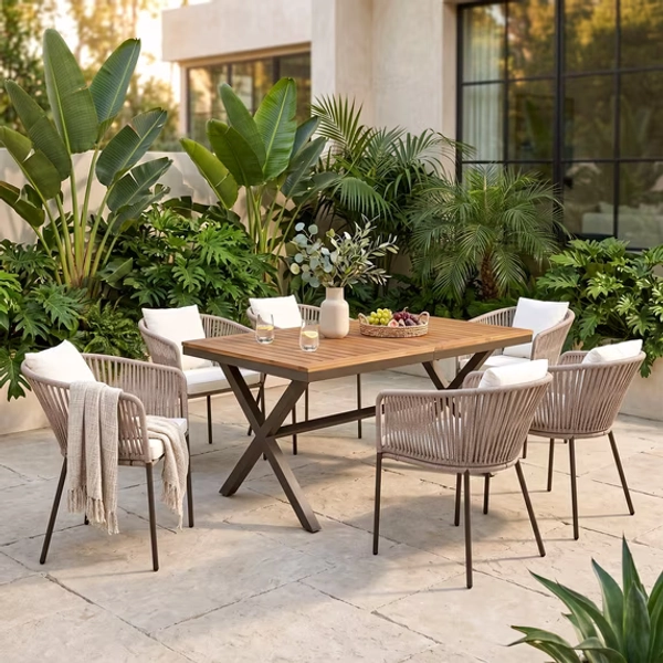 Vanress 7-Piece Patio Dining Set for 6, Outdoor Furniture Set Includes Rectangle Patio Table and 6 Dining Chairs, Outdoor Table and Chairs for Outsides, Backyard, Garden and Poolside, Beige