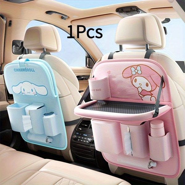 [Cartoon Car Backseat Organizer] Cartoon Car Backseat Organizer: Dual-Purpose Seat Kick Mat, Tabletop, Seatback Hanging Bag with Tray and 6 Storage Pockets – Practical Travel Accessory