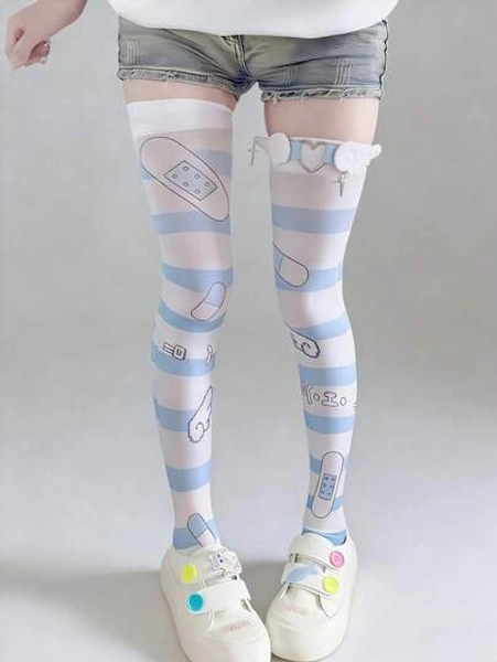 2pcs/Set Summer Japanese Subculture Sweet & Cute White Stockings: 1 Pair Blue Striped Thigh-High Socks + 1 Pair Heart Wing Leg Decor; Cute Cartoon Anime Print Velvet Thigh-High/Over-The-Knee Socks, Lolita Cosplay Stockings, Y2K Punk Accessories - Size one-size