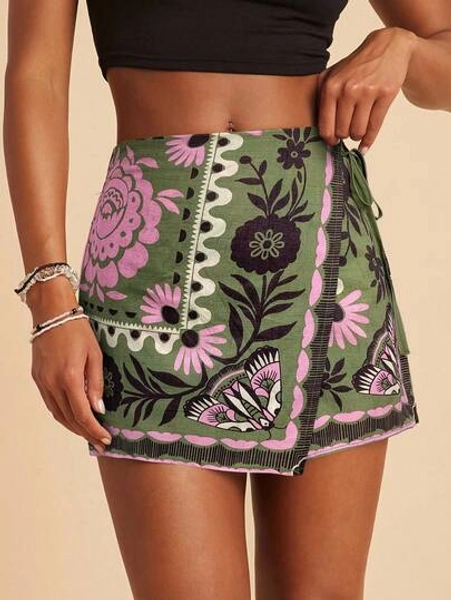 Travachic Bohemian Style Casual Holiday Beach Shorts Pants With Tie Waist & Ruffle Trim For Women, Fall Women Clothes, Christmas Party, New Year,  Elegant Graduation, Luxury Prom Outfits, Casual Outfits, Going Out Outfits