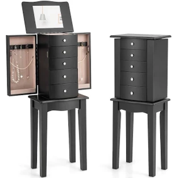 Standing Jewelry Cabinet Storage Organizer with Wooden Legs-Black