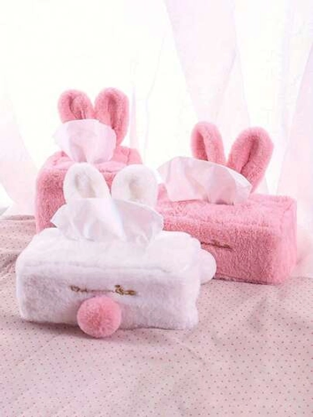 1pc Cute And Soft Pink Rabbit Plush Tissue Box Cover ,Decorative Napkin Storage Container For Home, Car, R Work Desk Accessories Office Decore ,Living Room, Cartoon Facial Tissue Holder With Ears(Available In Rectangular And Square Sizes)