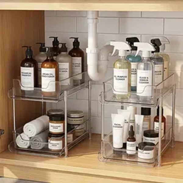 Cesun 2-Pack 2-Tier Stackable Under Sink Organizer Set with Movable Dividers, Silicone Slide Pull-Out Storage for Bathroom Drawer & Kitchen Pantry, White Bathroom Organizing Accessories,camping accessories,dorm essentials,home decor