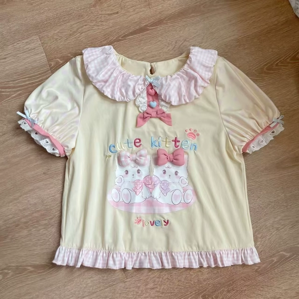 Sweet Japaense Kawaii Top Peter Pan Collar Short Sleeve Tshirt Cartoon Print Ruffles Patchwork Tee Y2k Aesthetic Clothing - AliExpress 200000345