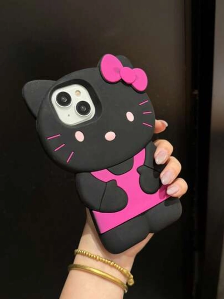 Sanrio Cute 3D Bow-Knot KT Cat Silicone Protective Case - Compatible With Apple 17/16 Pro Max 15 14 13 12 11 Smartphone
