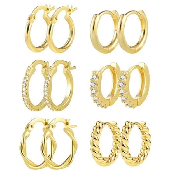 14K Gold Plated Chunky Hoop Earrings (6 Pairs)