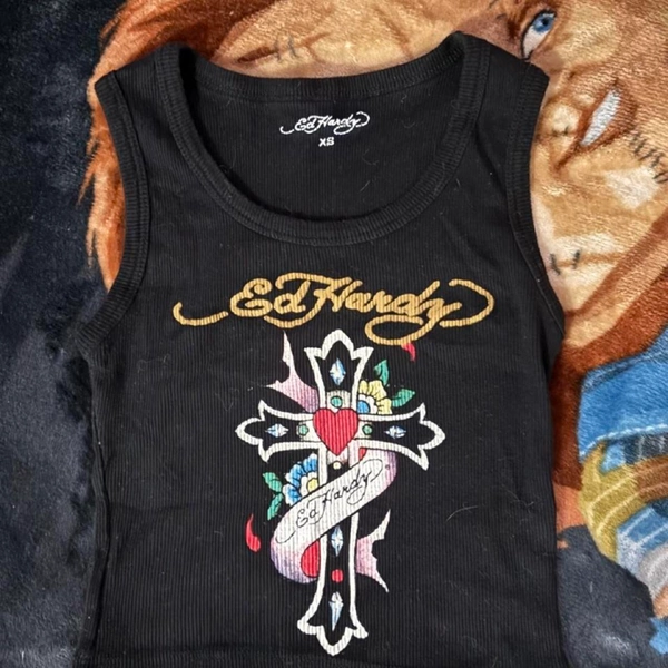 ed hardy black tank top with cross and floral...