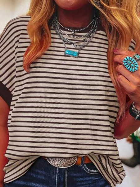 CILKOO Batwing Sleeve Striped Knitted Round Neck T-Shirt For Summer