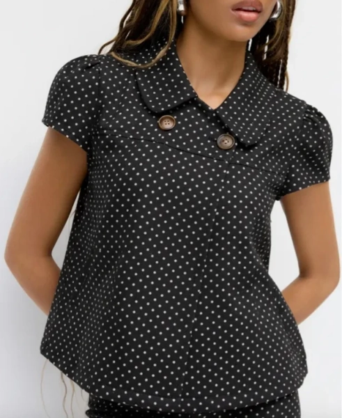 Peter Pan Collar Houndstooth Button Short Sleeve Blouse