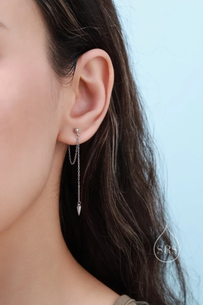 Dangling Spike Chain Drop Stud Earrings in Sterling Silver, Available in Silver, Gold or Rose Gold, Spike Dangle Earrings, Chain Earrings