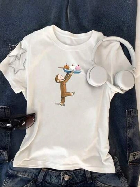 Girl's Casual Cartoon Monkey Printed Round-Neck Short-Sleeved T-Shirt, Summer, 100%Cotton