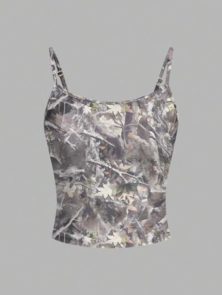 SHEIN Girlism Tween Girl Casual Street Style Knitted Branch Print Camisole Top