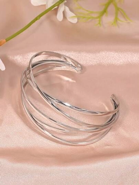 1pc Fashionable Minimalist European Metal Criss-Cross Open Bangle Bracelet For Women, Daily Versatile (Adjustable Opening Size Based On Arm)