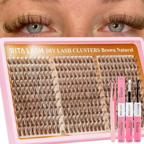 RITALASH 300PCS Brown Lash Clusters Kit D Curl Eyelash Natural Wispy Realistic Lashes Cluster Eyelash Cluster Extensions Kit Individual Lashes