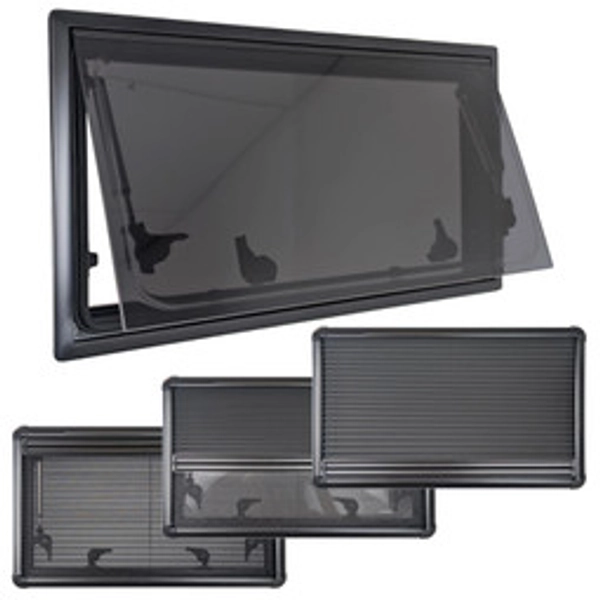 Adventurer (THC) Curved Frame Top Hung Hinged Low Profile Campervan Window - Black Blind