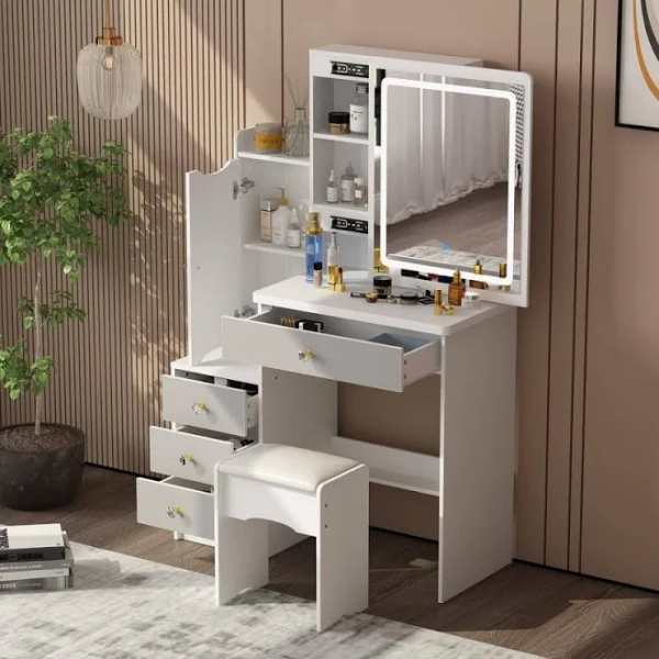 FUFU&GAGA 4-Drawer Makeup Organizer Vanity Table Set with LED-Lit Mirror Dresser